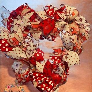 Red and White Heart Ribbon Wreath